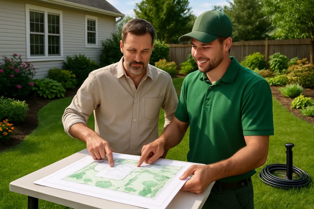 Detailed plan for sprinkler system installation in a residential yard