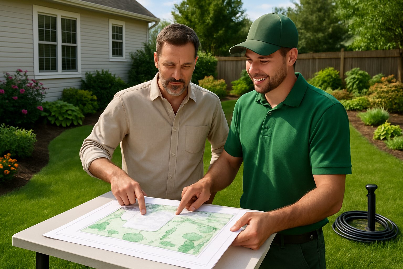A homeowner and a landscaping professional reviewing a property layout in a green backyard, planning sprinkler installation.