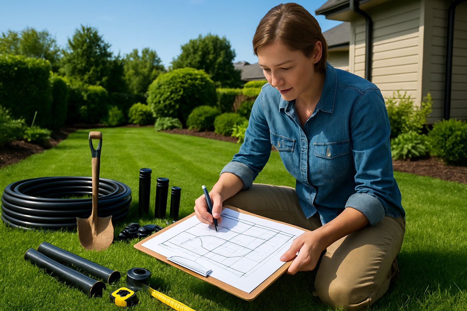 Person reviewing sprinkler system plans outdoors on a green lawn with garden beds and a house in the background.