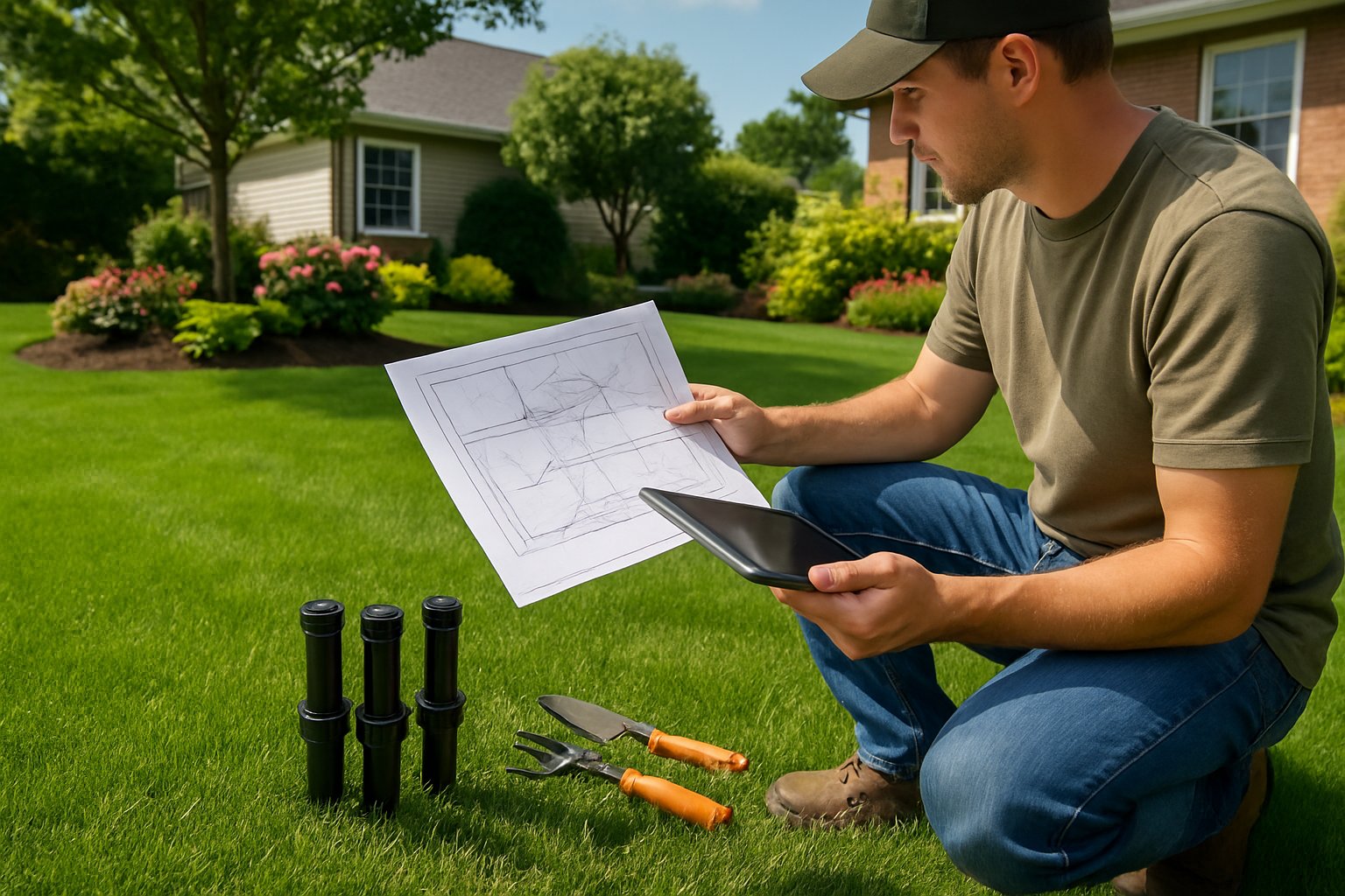Person reviewing a sprinkler installation plan in a green suburban garden near a house.