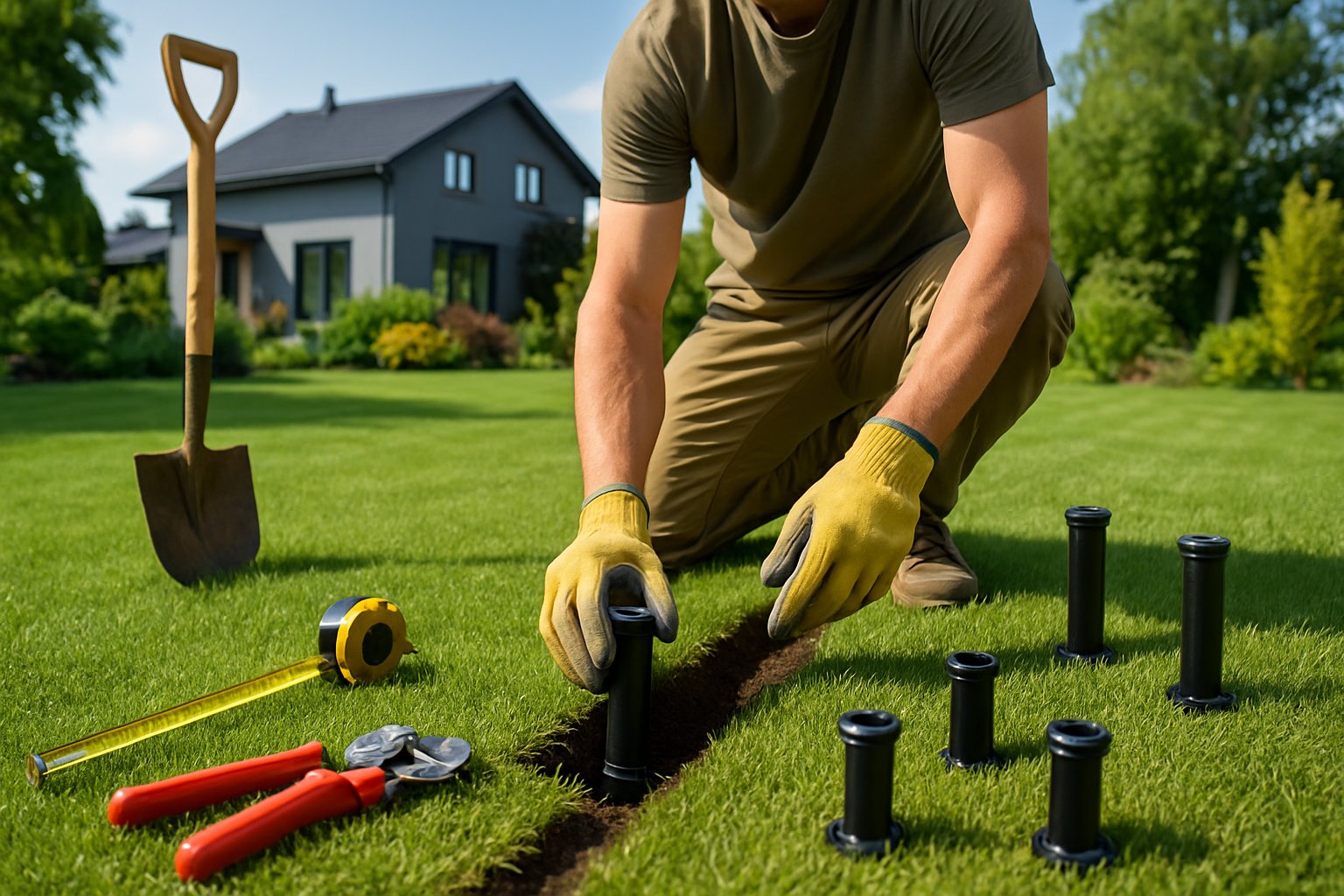 Person installing sprinkler heads in a green backyard with tools and a house in the background.