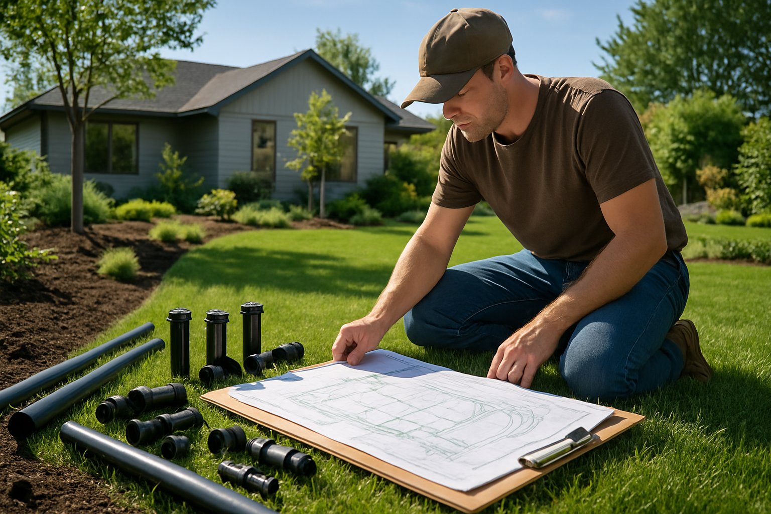 Person planning sprinkler installation in a backyard with garden and house in the background.