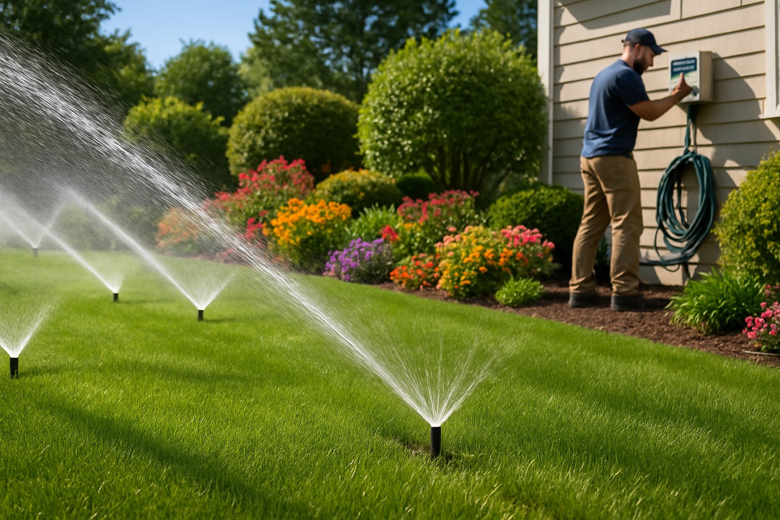 A person inspecting a sprinkler system watering a green residential garden with flowers and bushes on a sunny day.