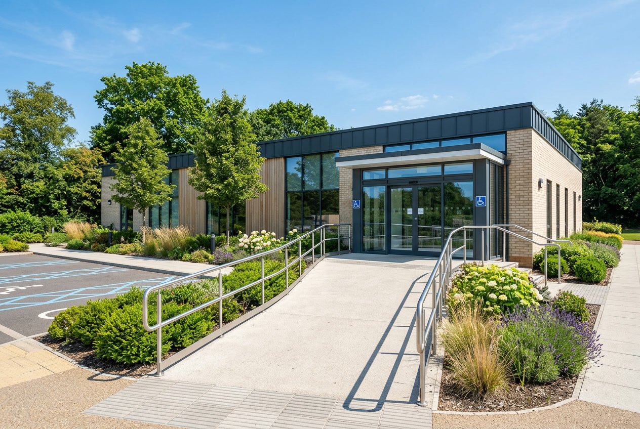 Exterior of a modern public building with a wheelchair ramp and automatic doors surrounded by greenery.