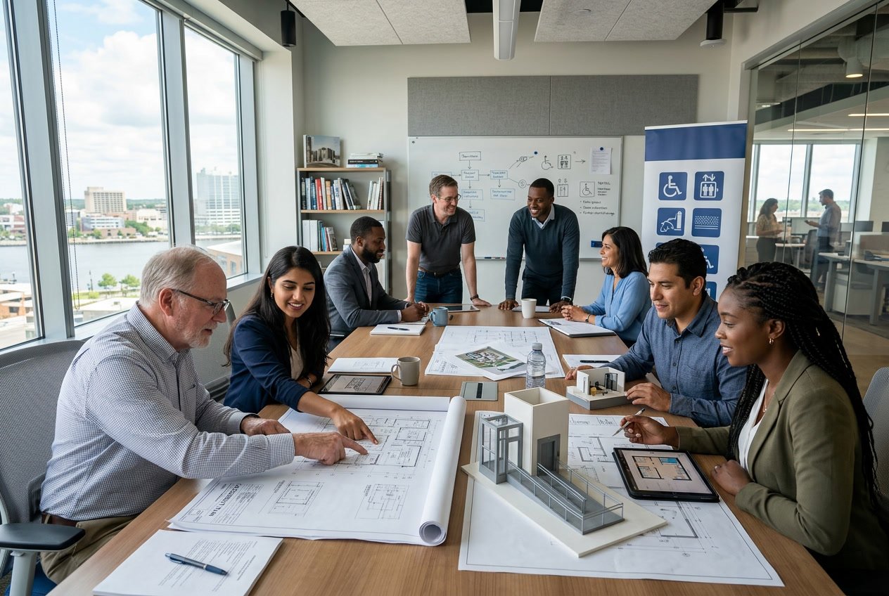 A diverse group of professionals reviewing architectural plans for accessibility renovations around a table in a bright office.