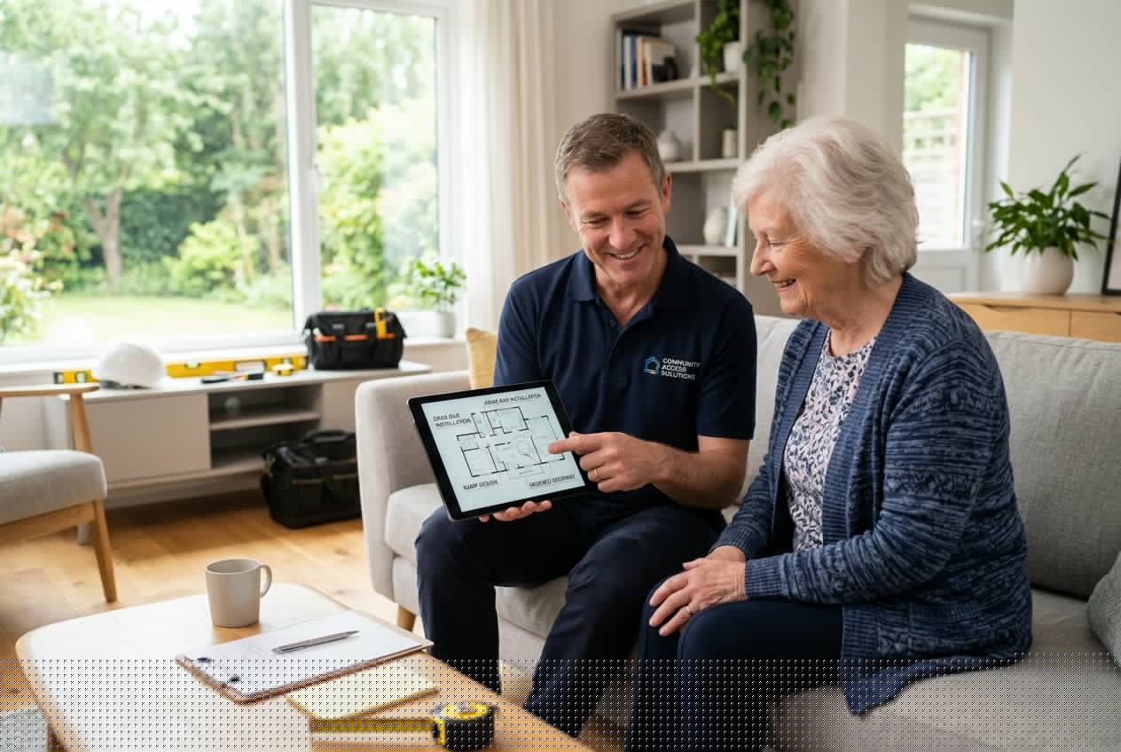 A contractor discussing home accessibility renovation plans with an elderly woman in a bright living room.