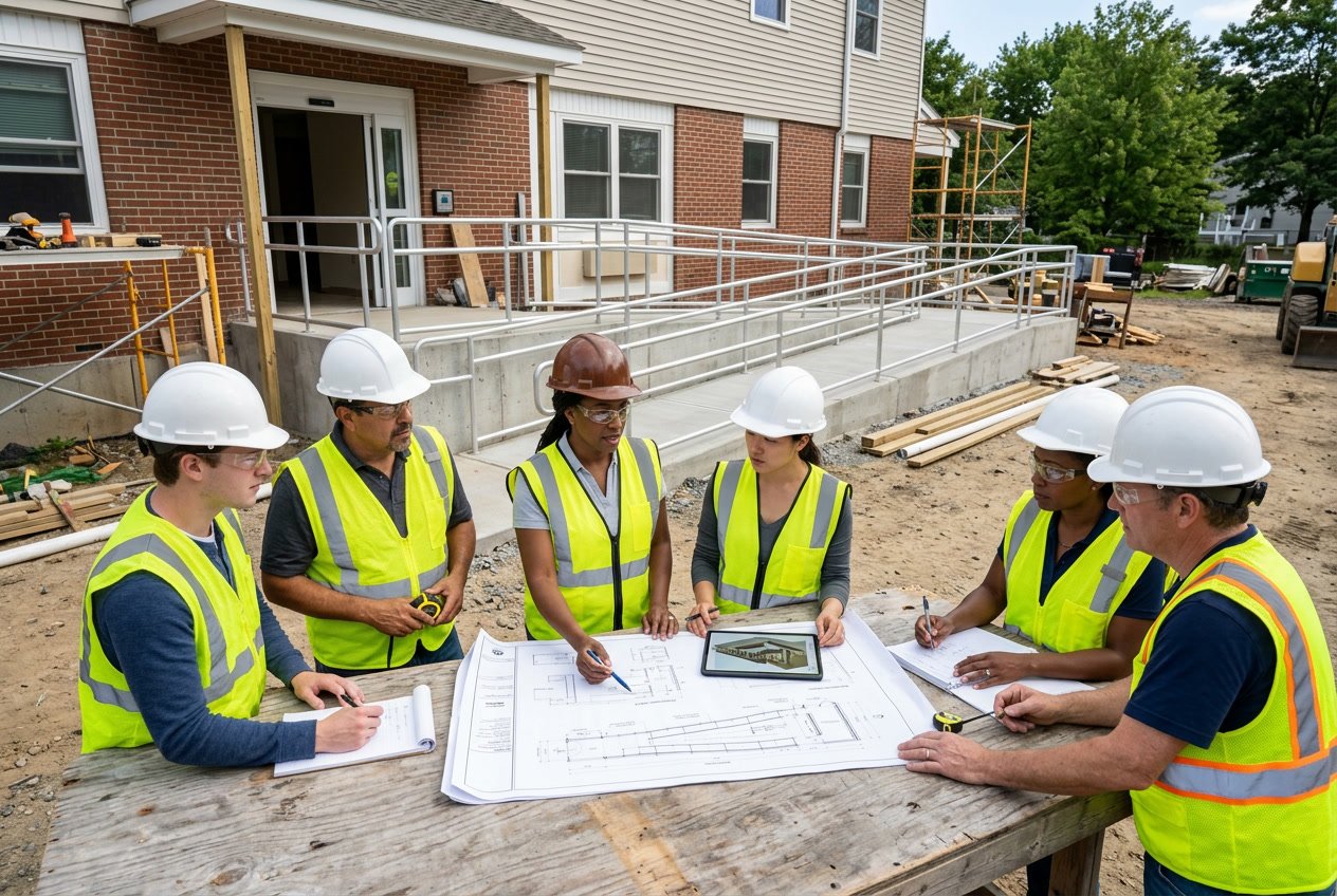 A group of professionals reviewing building plans and inspecting a site with accessibility renovations including ramps and handrails.